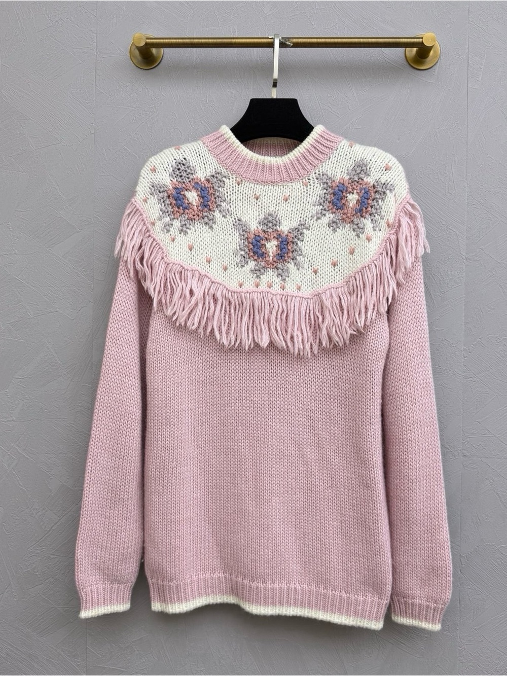 🚩steal Miu Miu Pink Fringe Yoke Sweater with Cream Floral Knit